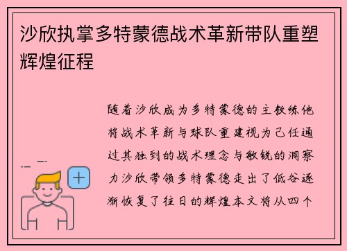 沙欣执掌多特蒙德战术革新带队重塑辉煌征程 沙欣执掌多特蒙德战术革新带队重塑辉煌征程