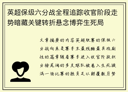 英超保级六分战全程追踪收官阶段走势暗藏关键转折悬念博弈生死局 英超保级六分战全程追踪收官阶段走势暗藏关键转折悬念博弈生死局