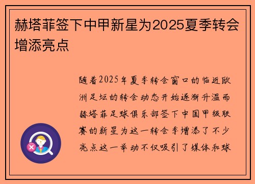 赫塔菲签下中甲新星为2025夏季转会增添亮点
